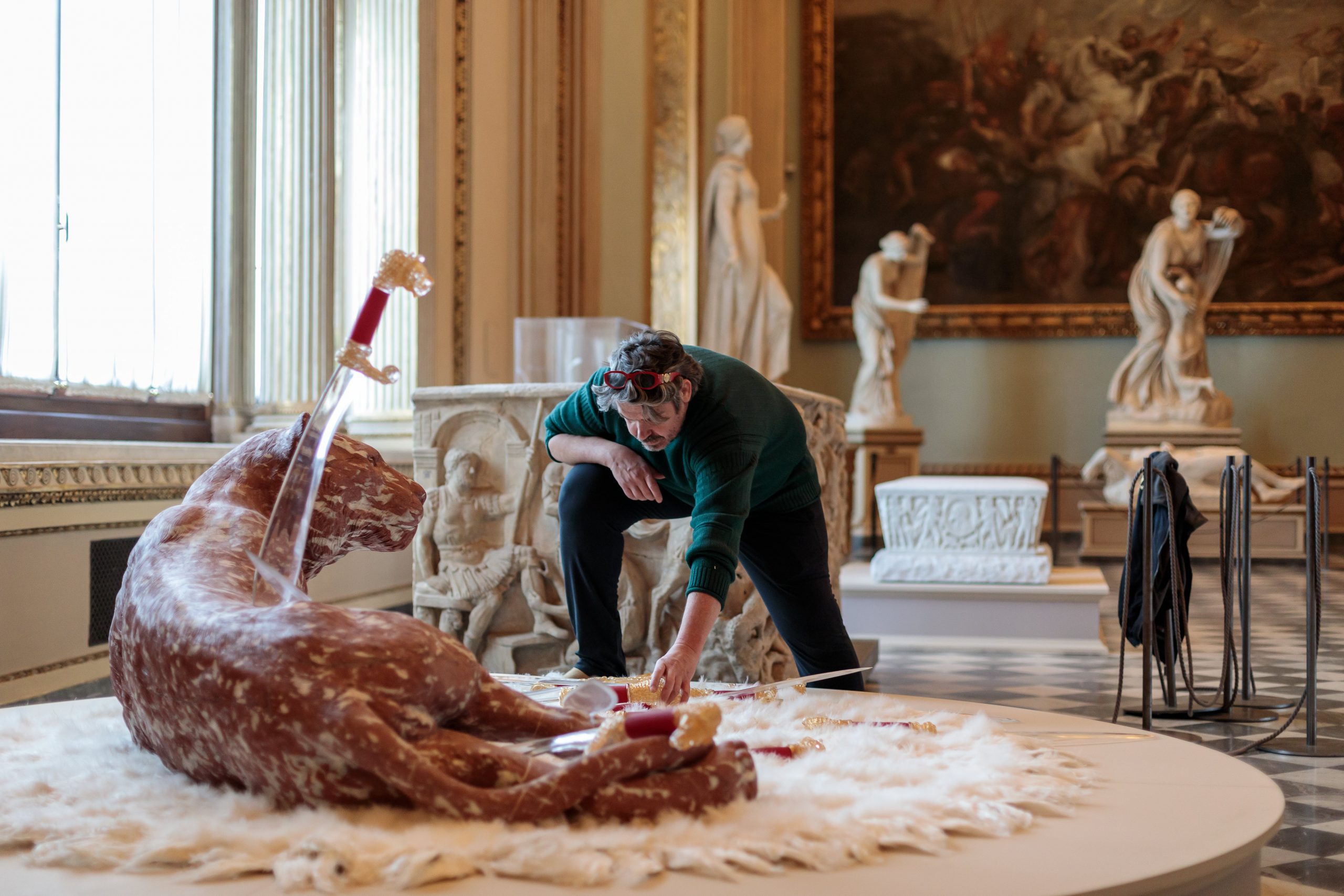 Koen Vanmechelen installing Domestic Violence at the Uffizi Gallery